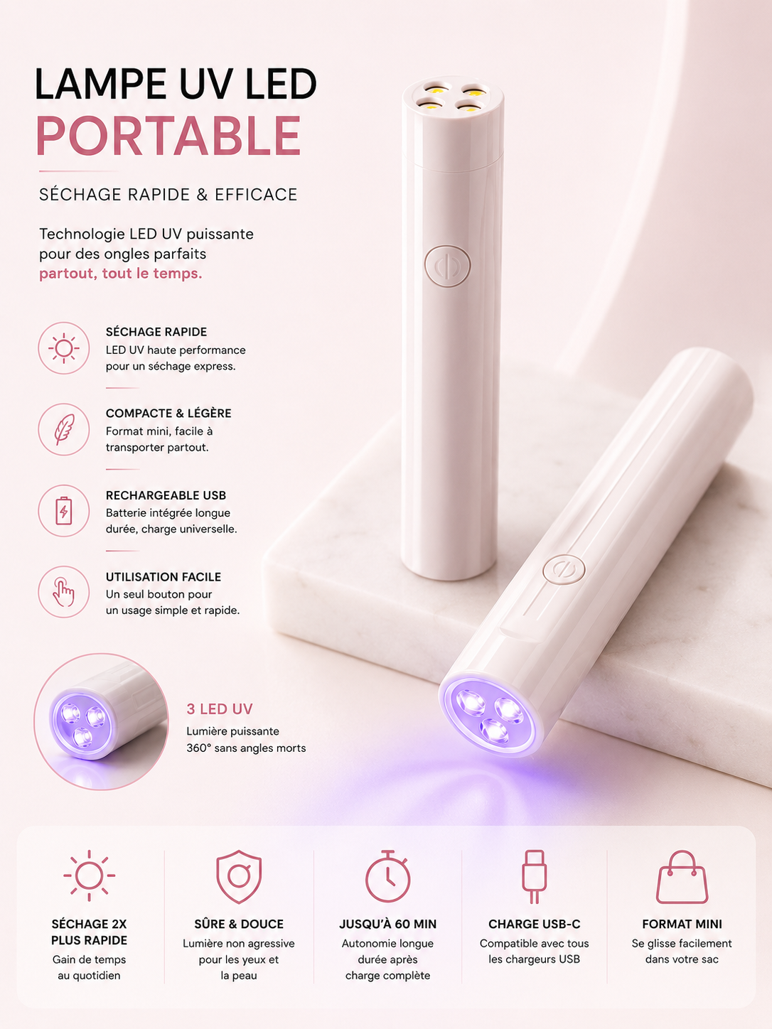 Mini Lampe UV/LED Portable – Séchage Express Nomade